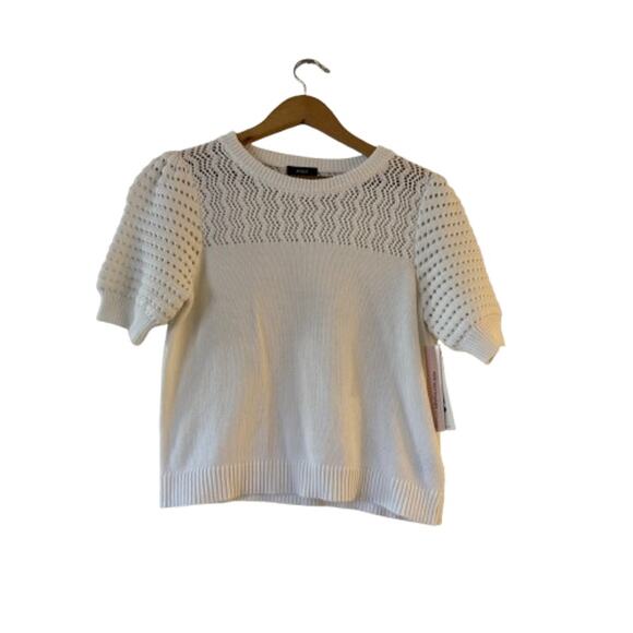 NEW Aqua Cotton Crochet Puff Sleeve Top M White Pointelle Knit Short Sleeve NWT - Picture 2 of 10